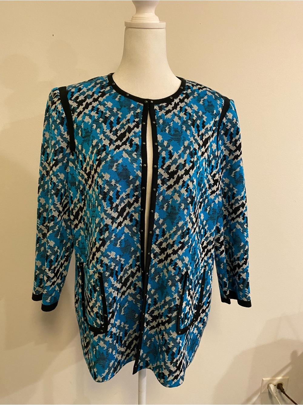 Ming Wang Blue Black White Patterned Knit Cardigan/Jacket 3/4 sleeves size LP